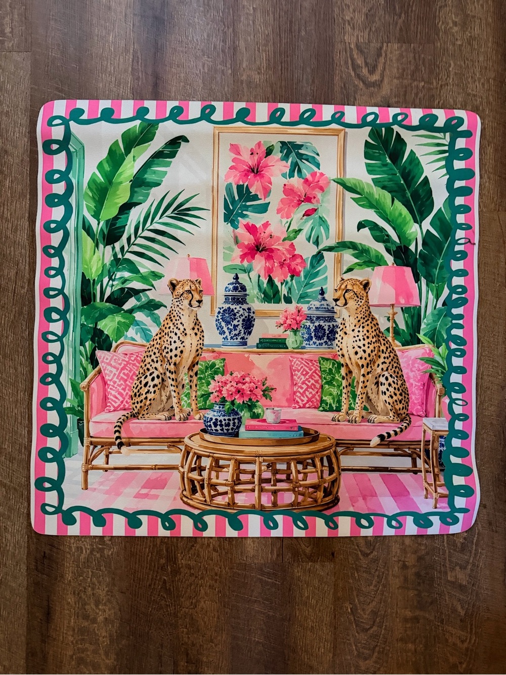 Leopards who lunch!! Pink & green tiger  mahjong mat 31” build your tablescape!